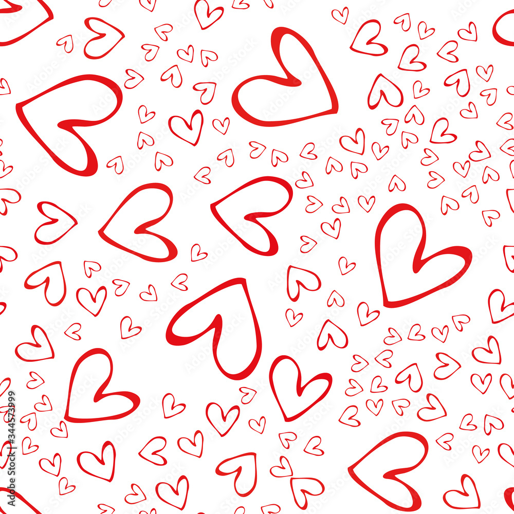 Pattern of pink hearts of different sizes in different directions. Seamless pattern on a white background. Hearts, love. Vector illustration Pattern of pink hearts of different sizes in different directions. Seamless pattern on a white background. Hearts, love. Vector illustration