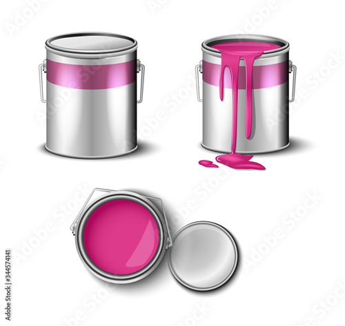 set of paint can pink color top and side view. packaging mockup template 