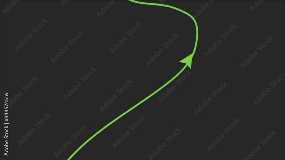 GPS delivery mark moves from point A to point B. Animation of motion graphics navigation on a black background. Green line with Navigator mark