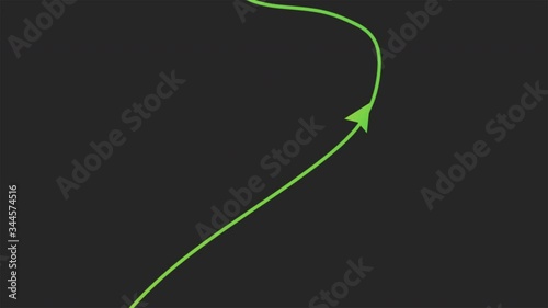 GPS delivery mark moves from point A to point B. Animation of motion graphics navigation on a black background. Green line with Navigator mark