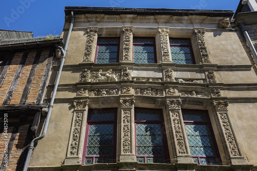 Fragments of old houses on Medieval Street in ancient part of the French city Le Mans - Plantagenet (Old Town). Le Mans, Maine, France. photo