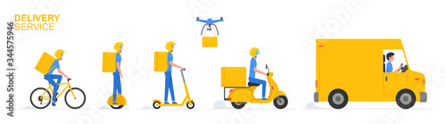 Online delivery service. Truck, electric scooter, gyroboard, scooter and bicycle courier. Delivery service concept. Flat Style