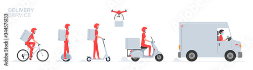 Online delivery service. Truck, electric scooter, gyroboard, scooter and bicycle courier, delivery man in respiratory mask and gloves. Delivery service concept. Flat Style
