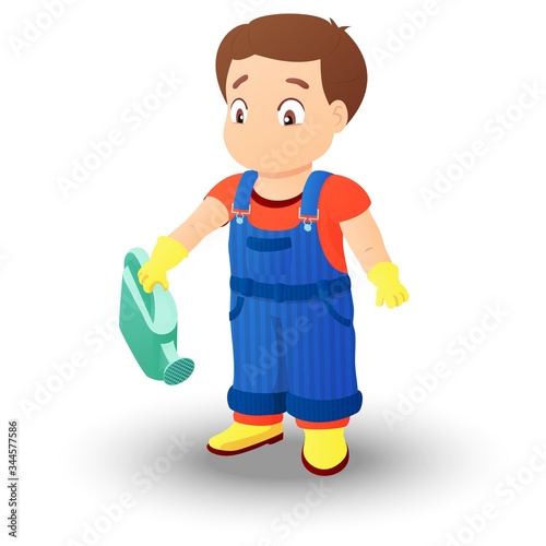 Boy in a denim overall holding a watering can
