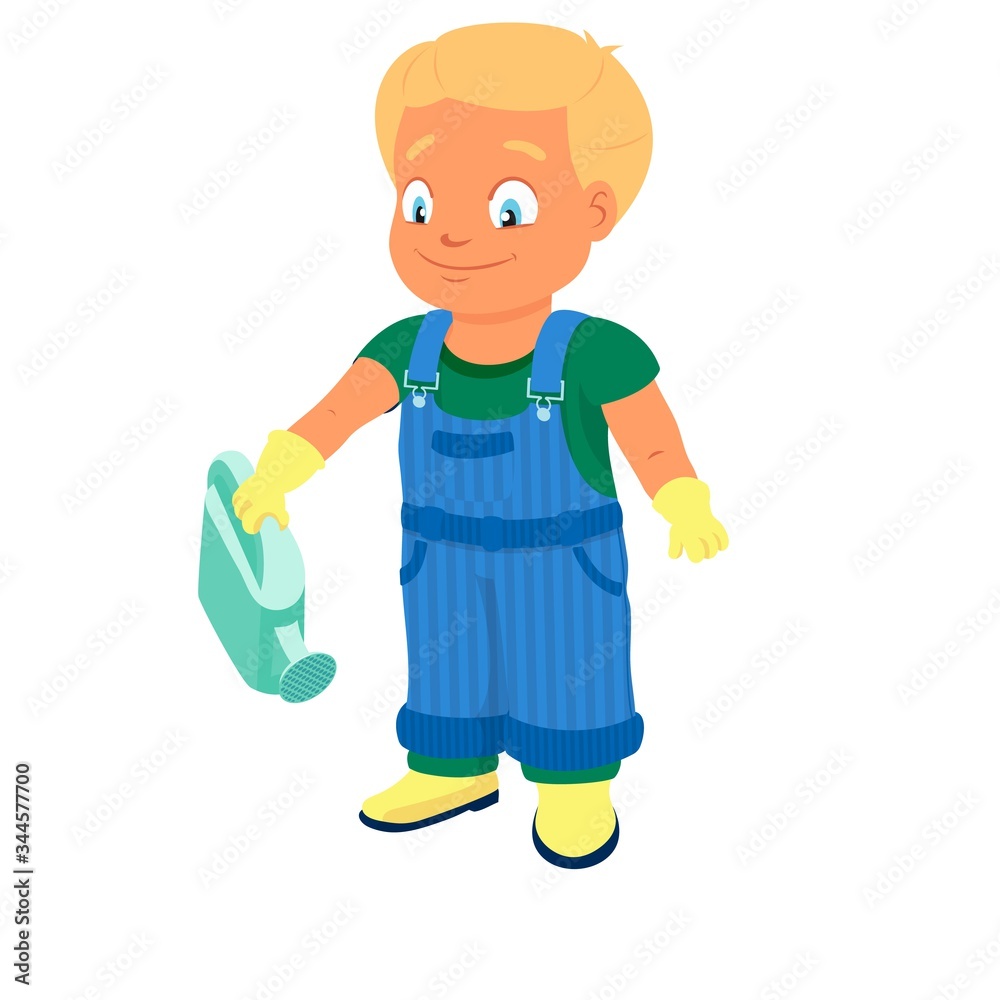 Smiling boy in a denim overall holds watering can Smiling boy in a denim overall holds watering can
