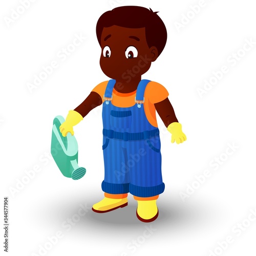 Boy in a denim overall holding a watering can