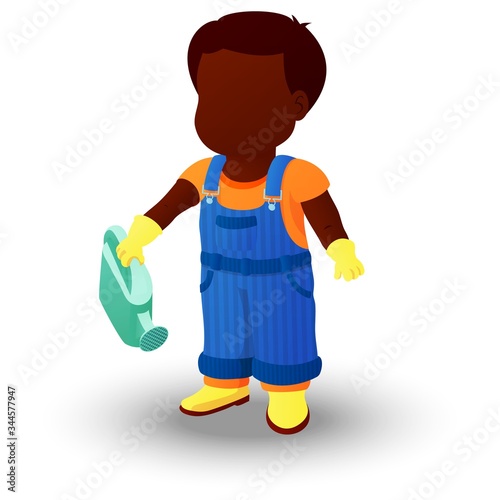 Boy in a denim overall holding a watering can
