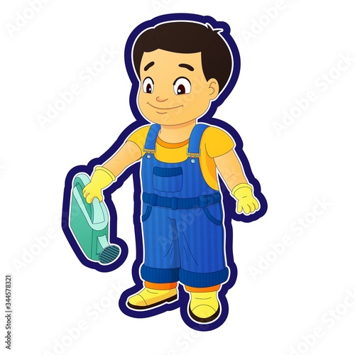 Smiling boy in a denim overall holds watering can