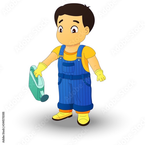 Boy in a denim overall holding a watering can
