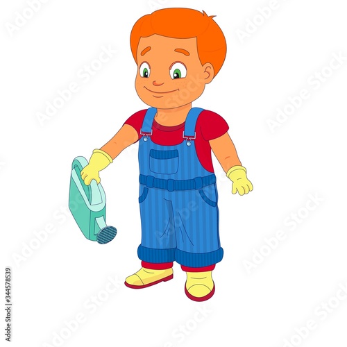 Smiling boy in a denim overall holds watering can