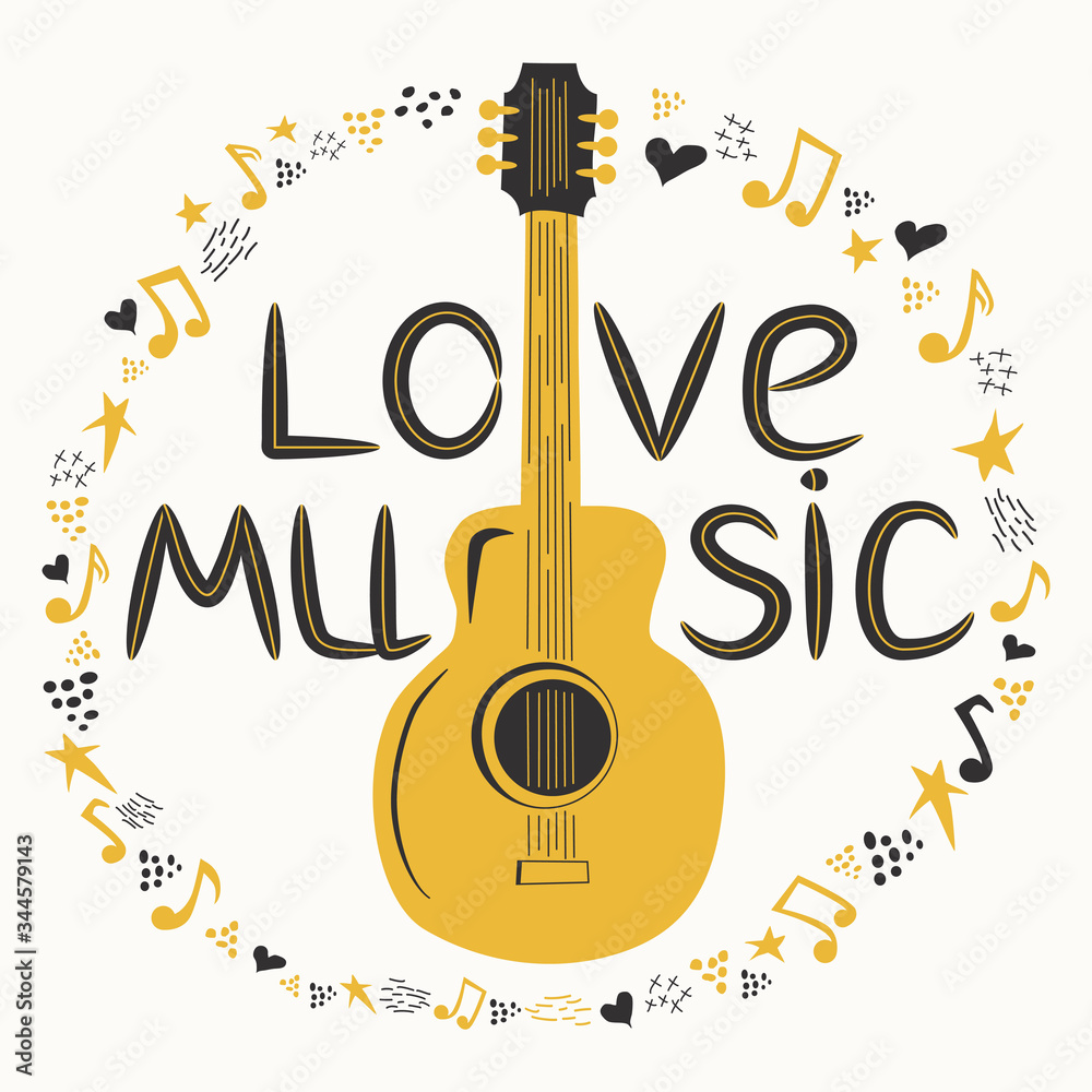Fototapeta Acoustic guitar surrounded by notes, the inscription Love Music, Country Music. Country Cowboy Music Festival Creative Event Live Event Poster Concept
