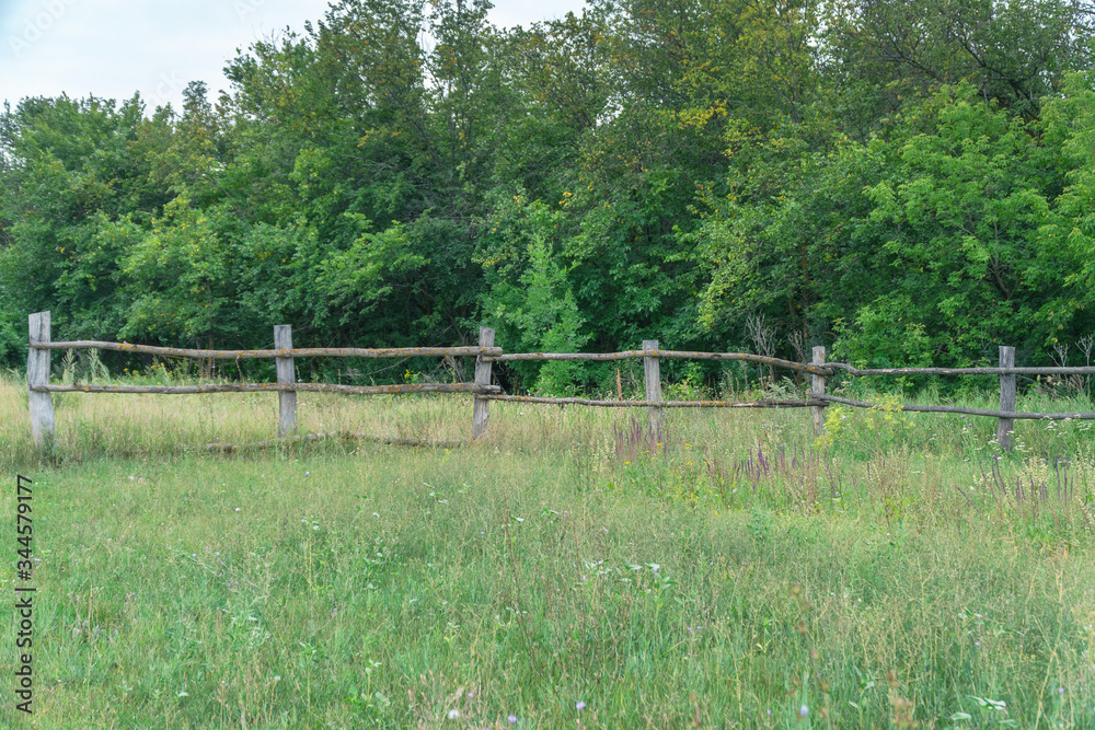 Primitive rustic wooden fence in front of the forest