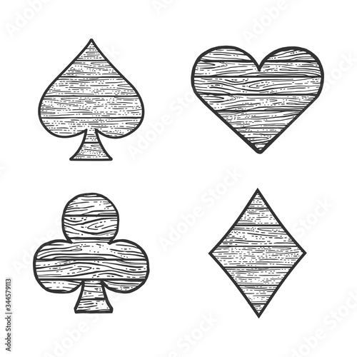 Wooden card suits set diamonds heart clubs spades sketch engraving vector illustration. T-shirt apparel print design. Scratch board imitation. Black and white hand drawn image.