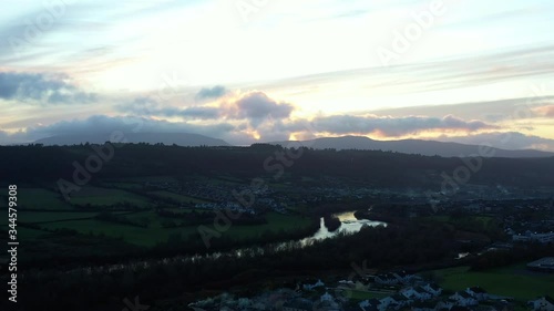 Ireland countryside village at sunrise, drone video