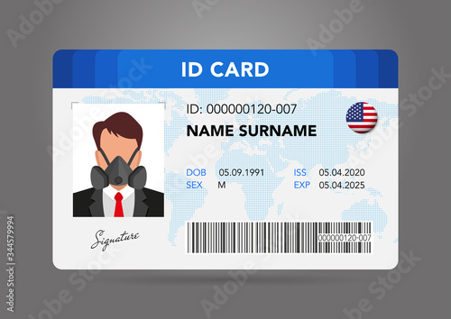 Modern ID card. Photo of a man in a protective mask, a respirator, personal protective equipment. national ID with electronic chip. Vector illustration