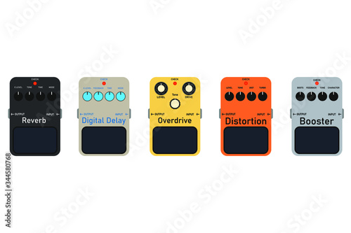 multicolor electric guitar stomp box effect set, graphic icon design. t-shirt artwork.	