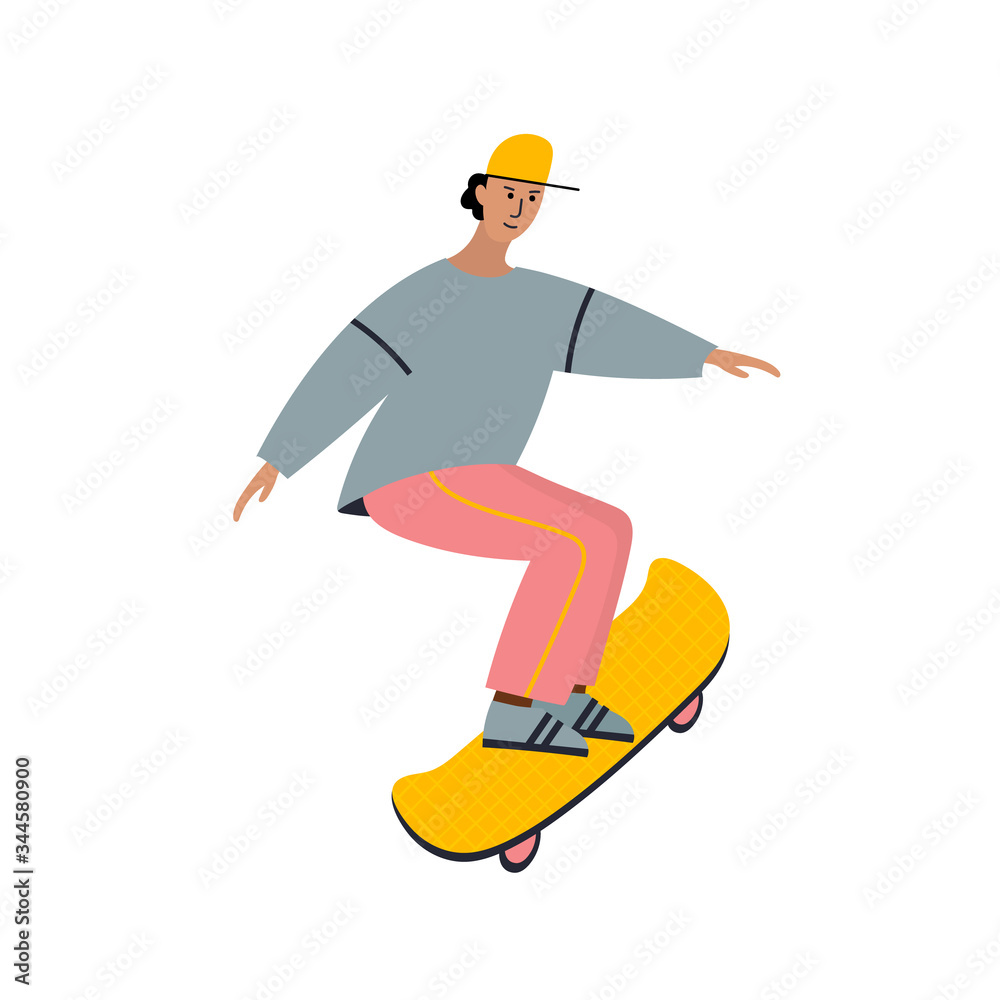 Young man skateboard flat vector illustration card