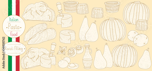 Main ingredients for stuffed pasta filling for cooking italian food Ravioli