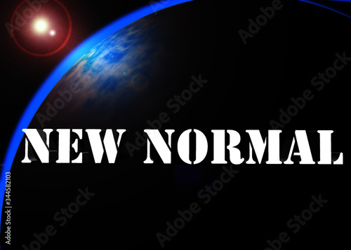 wording of new normal is on the earth in the universe and the dark background. the concept after covid19 concept