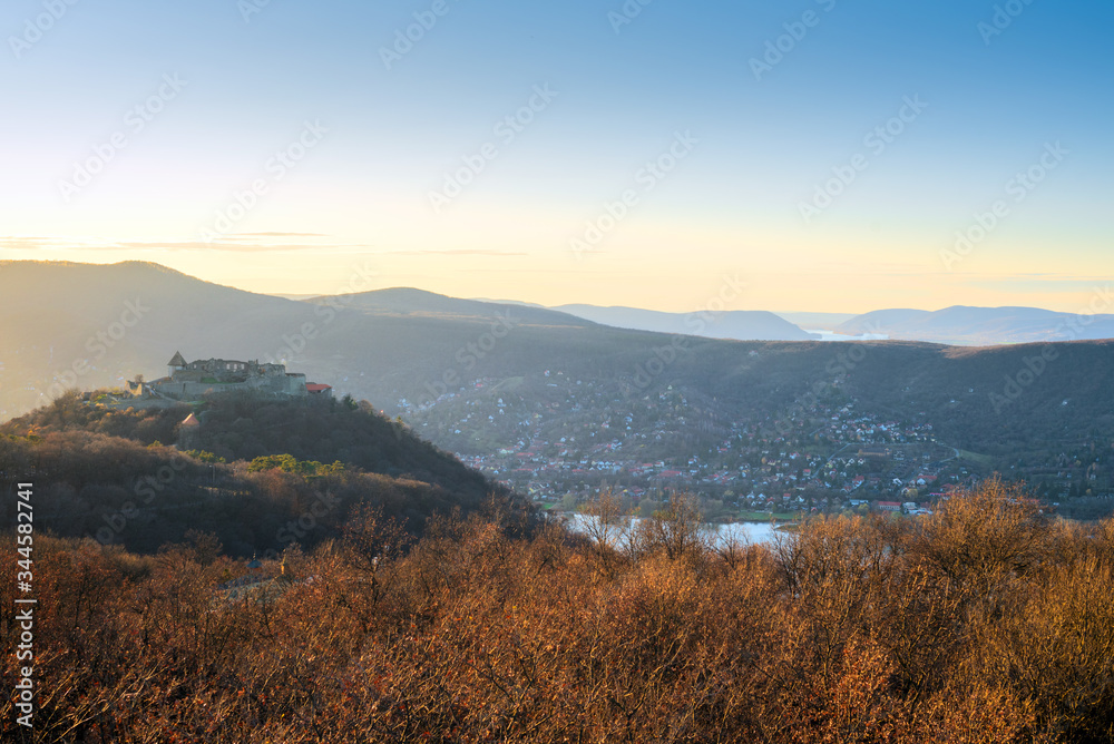 Mountain landscape featuring Visegrád castle, Hungary
