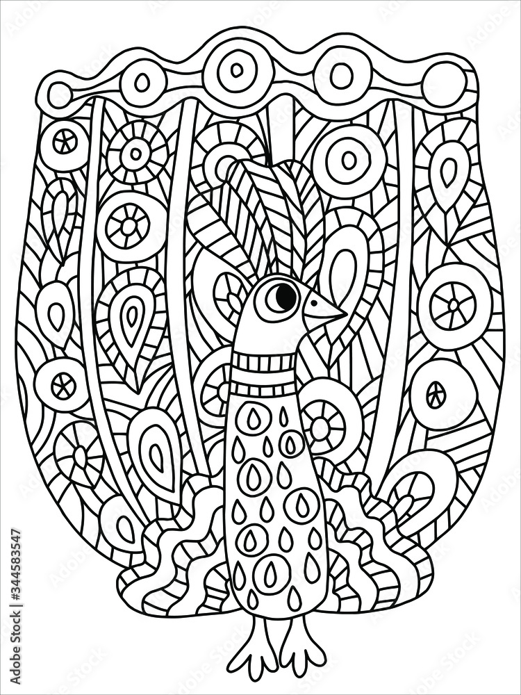 Obraz premium Elegant peacock coloring book page for kids and adults. Wild exotic stylized bird stock vector illustration. Black outline isolated on white. Zentangle wild tropic animal illustration. One of a series
