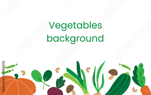 Fresh vegetables background with space for text. Template for menu design, postcards, invitations. Vegetables on a white background. Flat vector illustration
