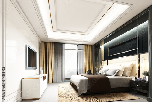 3D rendering modern bedroom suite in hotel with tv and work table