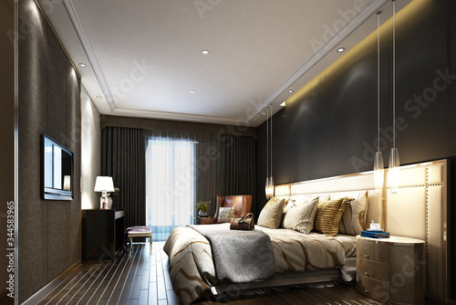 3D rendering modern bedroom suite in hotel with tv and work table