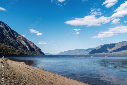 Landscape overlooking a mountain lake. Russia, Altai Republic, Ulagansky District, Lake Teletskoye, Cape Kirsay