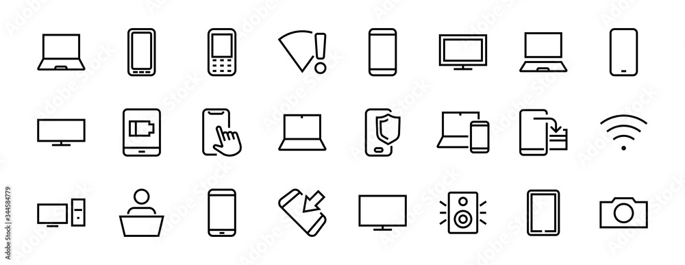set of smart devices and gadgets, computer hardware and electronics. Electronic device icons for web and mobile vector lines. Editable stroke. 480x480 pixels set of smart devices and gadgets, computer hardware and electronics. Electronic device icons for web and mobile vector lines. Editable stroke. 480x480 pixels