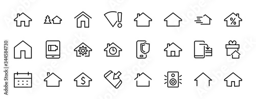 Simple set of line vector home icons. Contains house symbols at interest, infuse house and more. Editable stroke. 480x480 pixels perfect