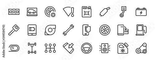A simple set of car services related vector line icons. Contains icons such as oil, diagnostics, turbine, steering wheel, chassis, gearbox and much more. Editable move. 480x480 On a white background