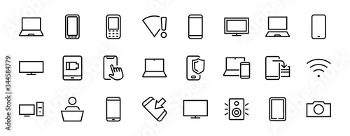  set of smart devices and gadgets, computer hardware and electronics. Electronic device icons for web and mobile vector lines. Editable stroke. 480x480 pixels