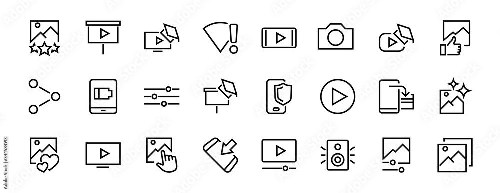 Obraz premium Set of Images Gallery vector line icons. Contains icons such as video, play video, edit images, Business Training, like photo. Editable stroke. Vector illustration