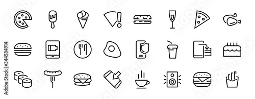   A simple set of fast food icons related to the vector line. Contains icons such as pizza, burger, sushi, bike, scrambled eggs and more. EDITABLE stroke. 480x480 pixels perfect, EPS 10
