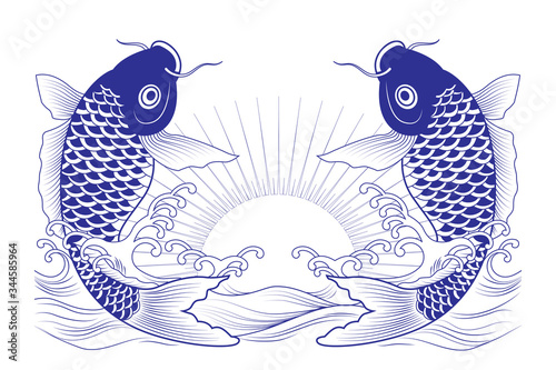 Double fish symbol in waves and sunlight, Chinese style vector.