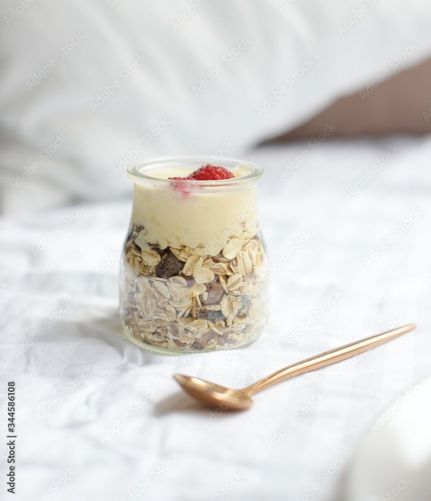 Useful breakfast in bed, cereals and berries Useful breakfast in bed, cereals and berries