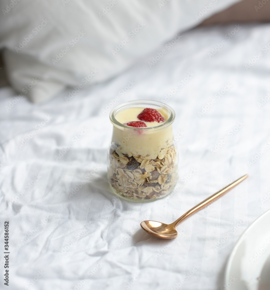 Useful breakfast in bed, cereals and berries Useful breakfast in bed, cereals and berries