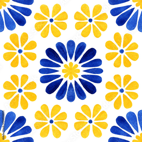 Azulejos tile. Traditional watercolour Portuguese Mosaic tile decoration. Watercolor blue and yellow flowers artwork. Antique ceramics tileable, heritage. Old painted panel with floral pattern
