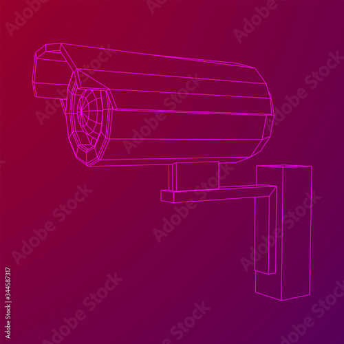 Modern video camera. Webcam viewing area. Safety, security concept. Wireframe low poly mesh vector illustration.