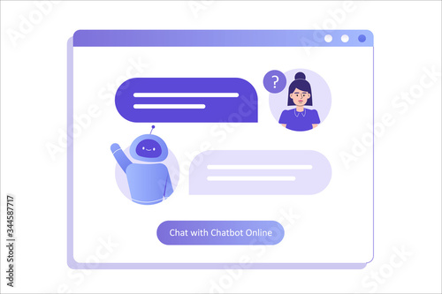 Chatbot ai and customer service concept. Young woman talking with chatbot in a big user interface. Chat bot virtual assistant via messaging. Customer support. Helping. Vector isolated illustration