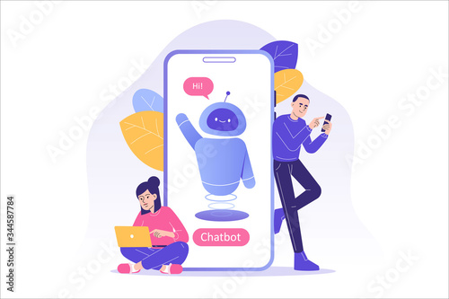 Chatbot ai and customer service concept. People talking with chat bot in a big smartphone screen. Chat bot virtual assistant via messaging. Customer support. Vector isolated illustration