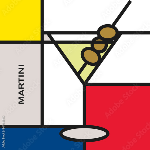 Cocktail glass with Martini cocktail. Modern style art with rectangular colour blocks. Cocktail with olive fruit. Piet Mondrian style pattern.