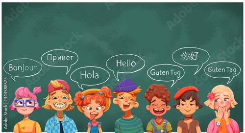 Group of intercultural children. Hello in different languages.  Diverse cultures, international communication concept, club of foreign languages, language learning camp.