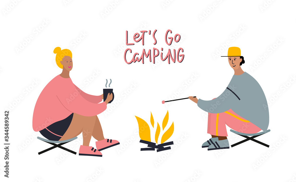 Fototapeta premium Young couple around the campfire flat vector card