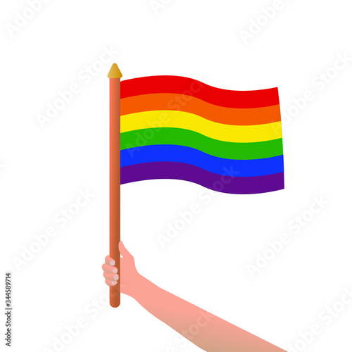 Rainbow flag in hand. Pride flag, hand holding lgbt symbol, design elements for pride month. Flat illustration.Love symbol icon. Stock vector illustration on white isolated background.