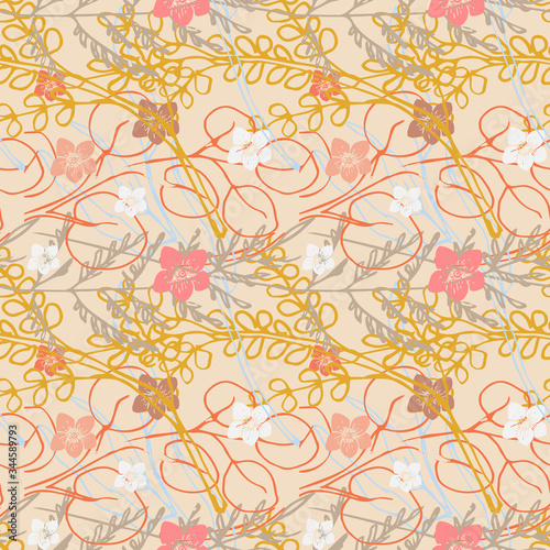 Modern seamless vector texture with flowers and leaves