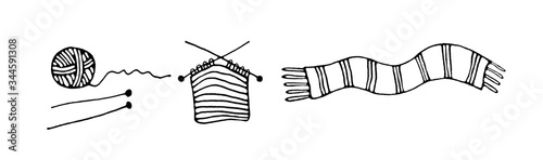 Set: a ball of yarn, knitting needles, knitted scarf. The concept of crocheting. Doodle items isolated on a white background. Stock illustration