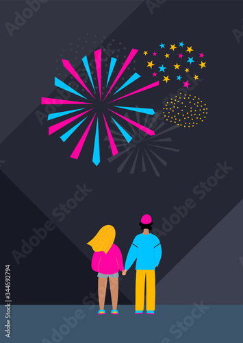 Young couple firework flat vector illustration