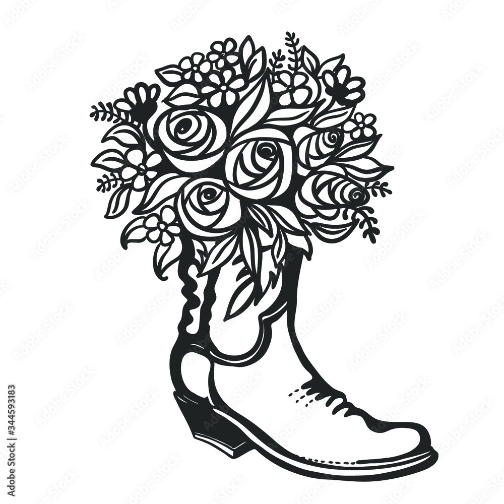 Flowers in boot. Cowboy boot with sunflowers. Vector color printable  illustration isolated on white background. Hand drawn vector close-up  graphic illustration. Country bouquete Stock Vector | Adobe Stock